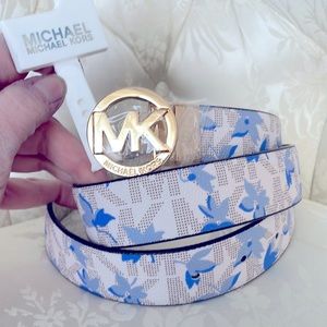 Brand New Michael Kors Reversible Blue Floral Logo Belt w/ Gold Tone Buckle